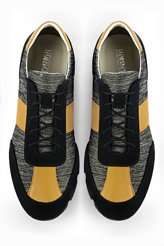 Matt black and mustard yellow two-tone dress sneakers for men. Round toe. Flat rubber soles. Top view - Florence KOOIJMAN